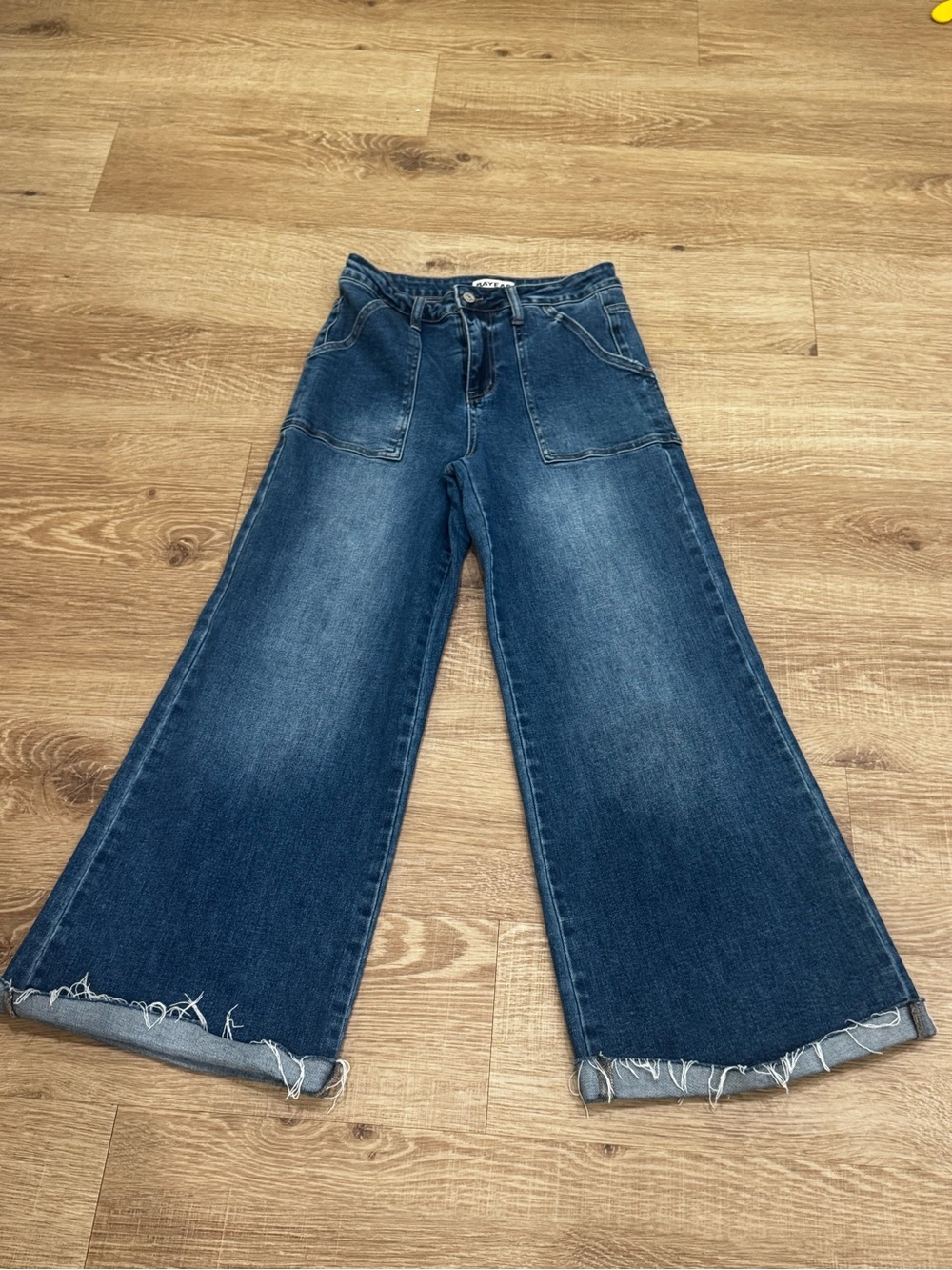 BAYEAS High Rise Utility Wide Leg Jeans Raw Hem Dark Wash Size 27